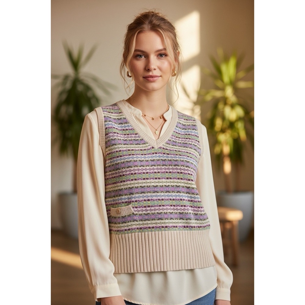 Tom Joules Clothing Sweater Vest Fair Isle 8 US Medium Wool Pocket Multicolor